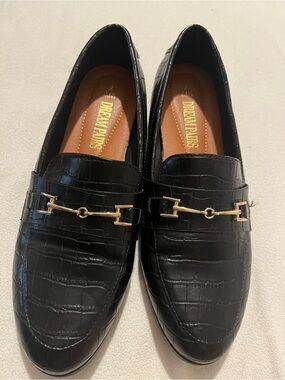 Dream Pairs Black Croc-Embossed Loafers with Gold Horsebit
